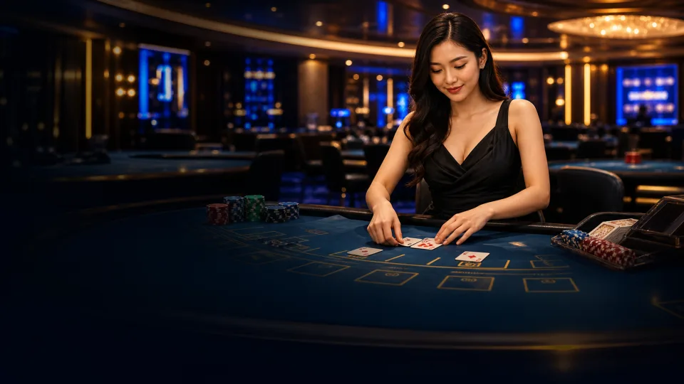 Không gian casino F8BET với bàn chơi và chip